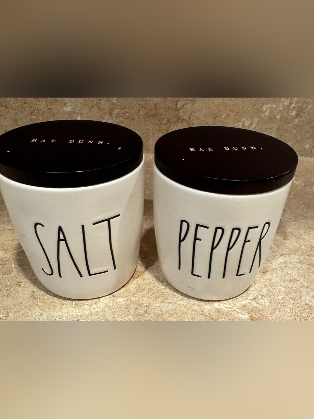 Rae Dunn White Salt & Pepper Canister Pair with Black Lids